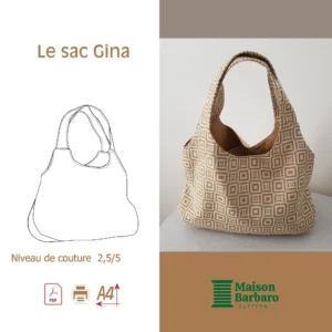 Présentation du patron du sac Gina avec les caractéristiques du fichier numérique PDF sur la adroite et une photo de réalisation sur la gauche