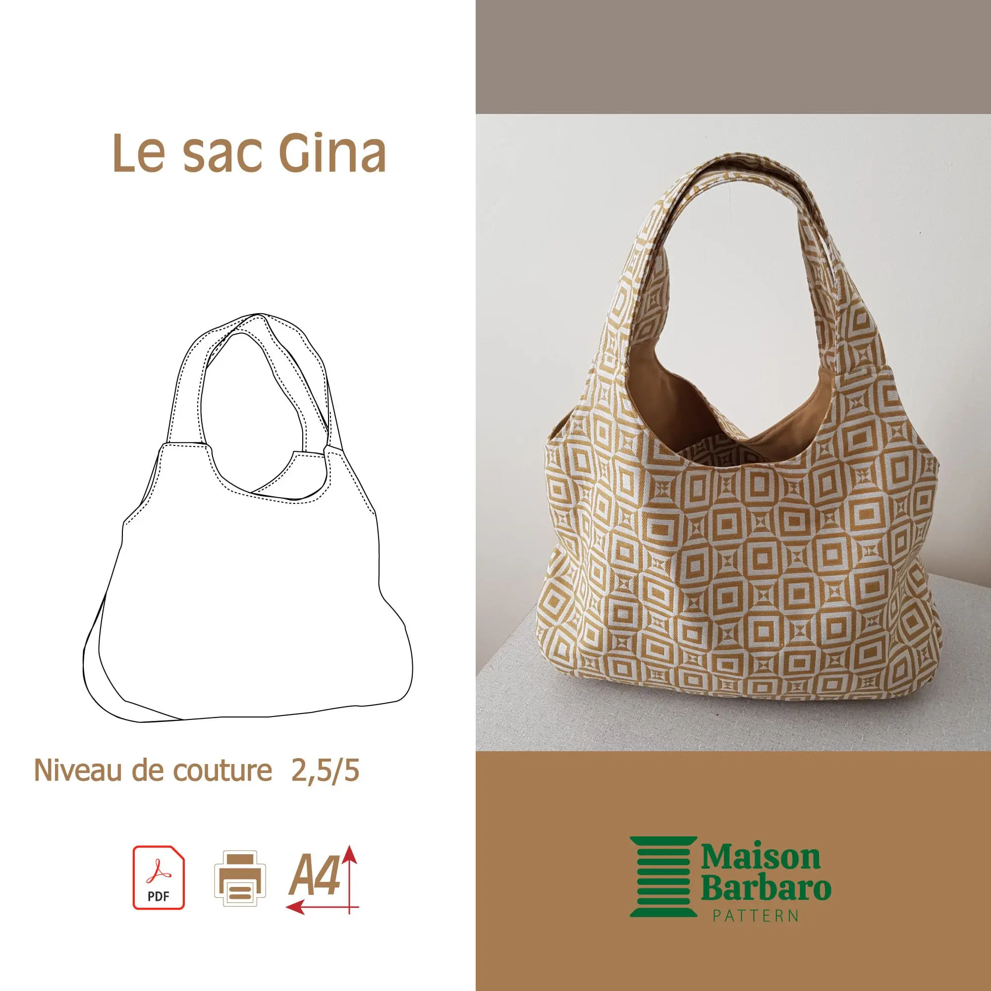 Présentation du patron du sac Gina avec les caractéristiques du fichier numérique PDF sur la adroite et une photo de réalisation sur la gauche